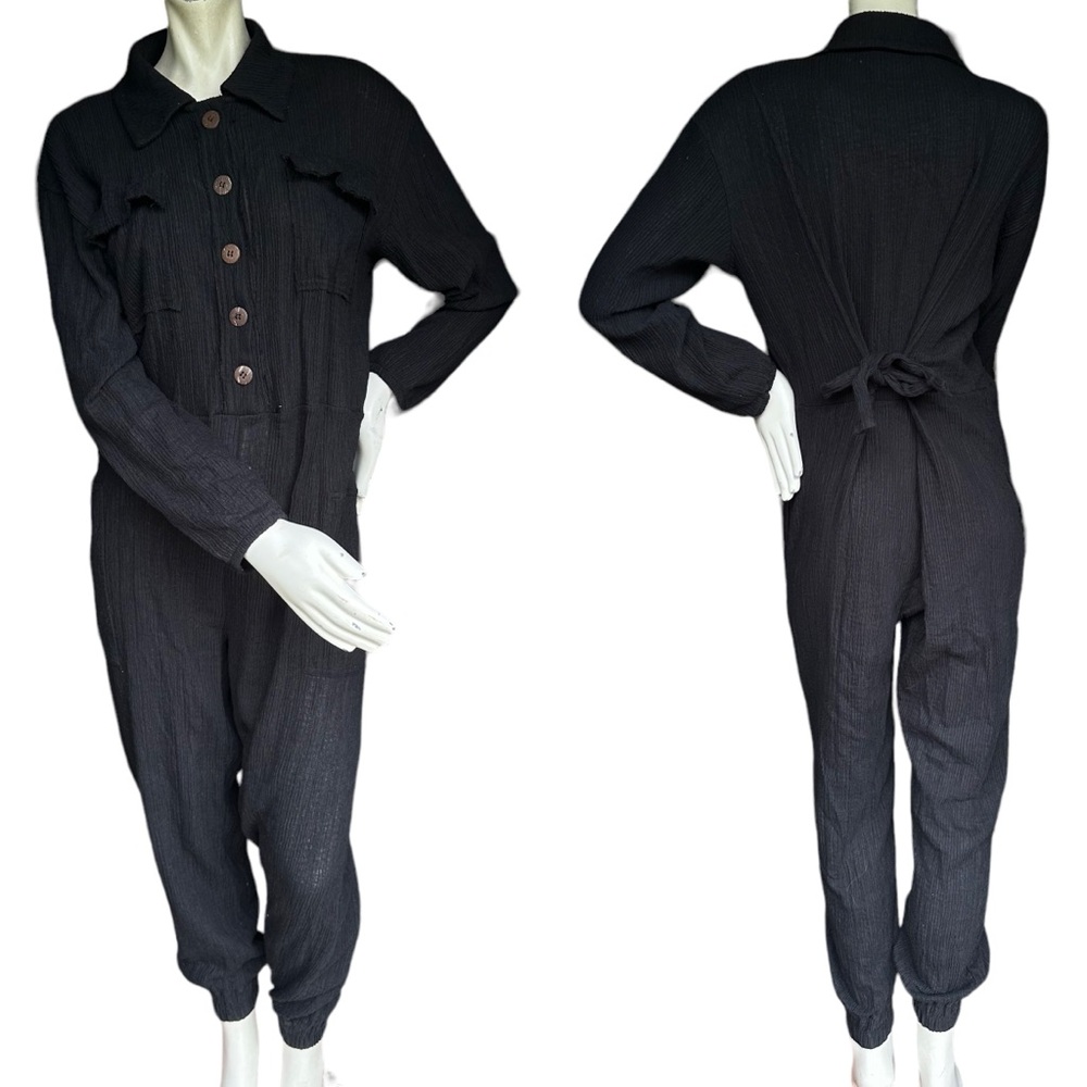 Free People Beach Calico Black Gauze Harem Style Long Sleeve Jumpsuit Size XS